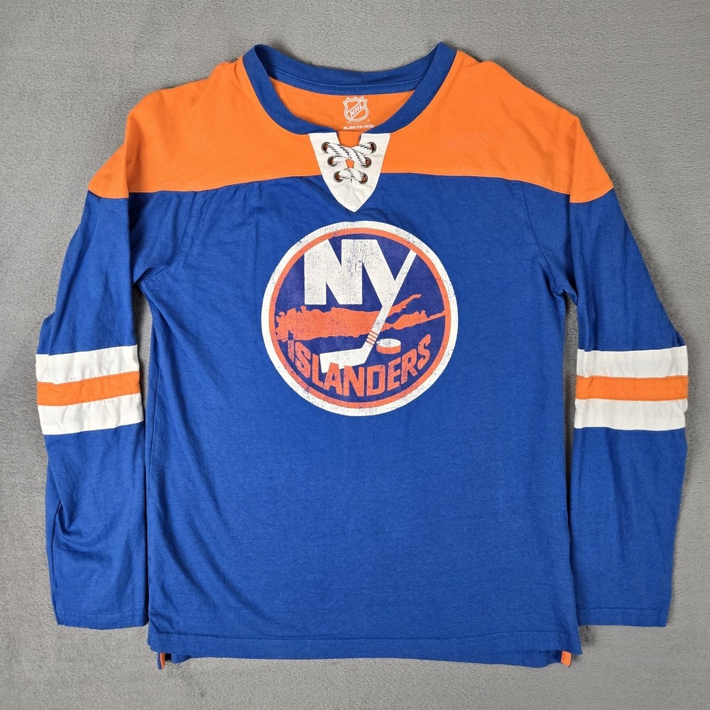 NHL New York Islanders T-Shirt Boy's XL 18-20 Lace Up Long Sleeve Blue Hockey